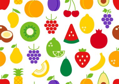 Kusursuz desen, meyveli sonsuz doku. İzole edilmiş düz renk simgeleri. Sağlıklı gıda ve vitaminler