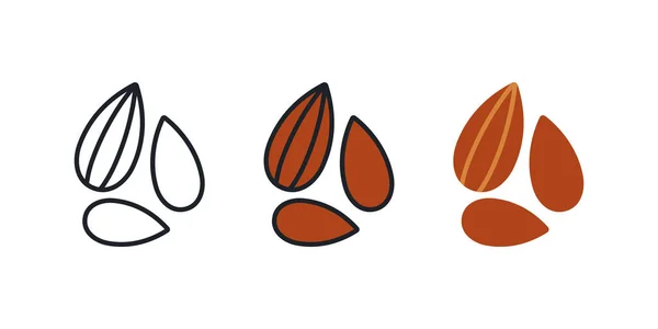 Икона миндаля. Линейный цвет плоских орехов, контур, форма, очертания изолированы на белом. Тонкая линия. Современный дизайн. Векторный набор. Здоровое питание и витамины — стоковый вектор
