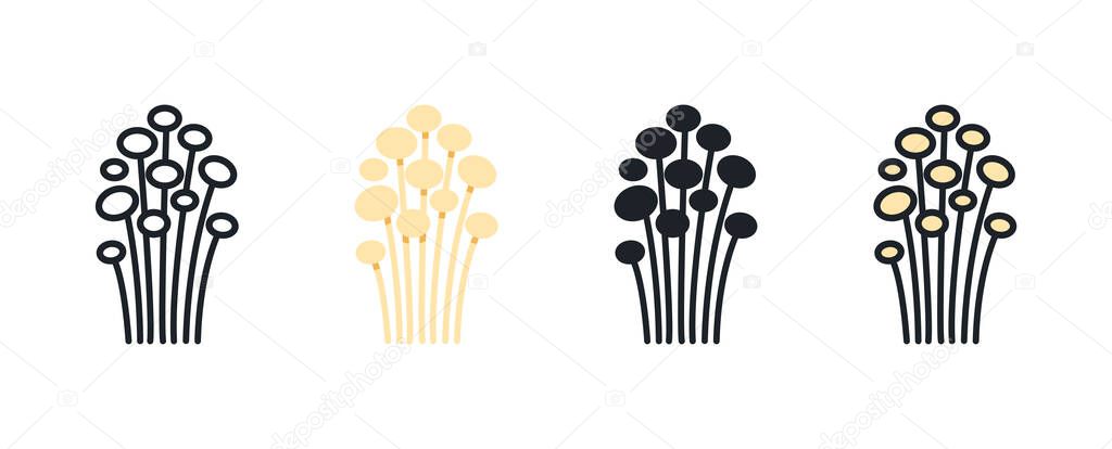 Enoki mushroom icon. Linear flat color icons contour shape outline. Thin line. Black vector silhouette. Fill solid icon. Modern glyph design. Illustrations of mushrooms. Vector set