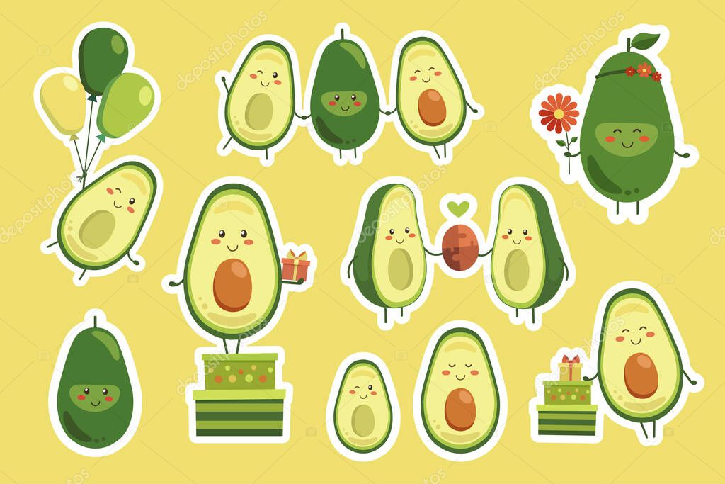 Sticker set of cute smiling avocado characters. Kawaii isolated vector stickers. Sticker avocado bundle. Birthday party celebration summer holidays kids love friends presents balloons flowers.