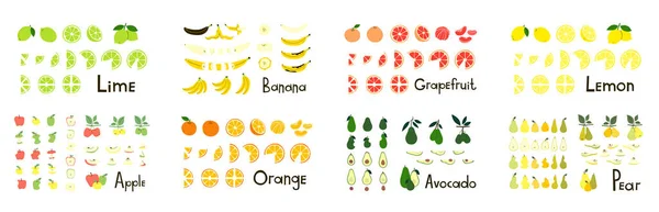 Paquete de frutas clipart. Limón lima naranja pomelo pera aguacate manzana plátano. Frutas enteras y cortadas, mitad y rebanadas. Ilustraciones vectoriales modernas positivas en estilo plano — Vector de stock