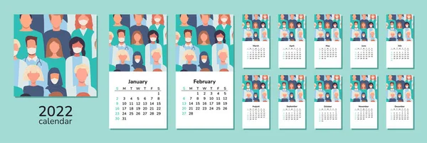 stock vector Square calendar 2022. Happy New Year. Doctors. Cover and 12 months pages. Nurses, healthcare workers, medical staff. People of different nationalities in masks. Working in hospital. Health