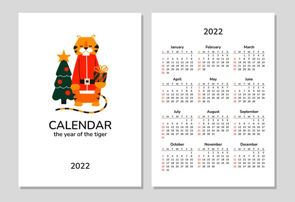 Kalendarz na 2022 rok ze słodkim tygrysem. Wesołych Świąt i szczęśliwego Nowego Roku. Wektor izolowane ilustracji tygrysa z choinki i prezenty. Święty Mikołaj. Tydzień zaczyna się w niedzielę — Wektor stockowy