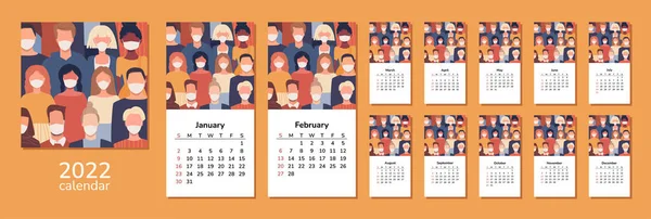 Calendario quadrato 2022. Felice anno nuovo. Persone di diverse nazionalità che indossano maschere mediche. Società globale. La diversità culturale. Infezione da virus Corona. Quarantena di Coronavirus. Sanità e sanità — Vettoriale Stock