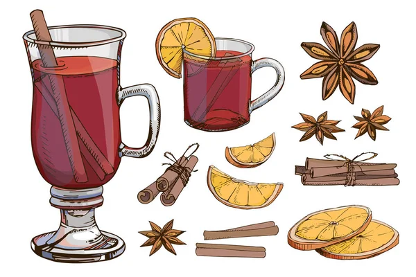 Mulled wine clipart vector set. Hot winter drinks. Christmas beverage. Popular drink for autumn fall new year holidays. Isolated illustrations. Anise star cinnamon — Stock Vector