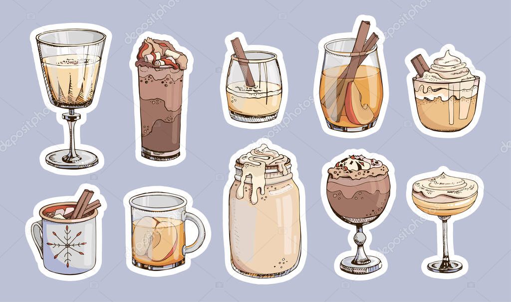 Stickers. Sticker pack. Popular hot winter drinks isolated vector illustrations. Christmas beverages and cocktails. Mug of hot chocolate eggnog apple cider coffee cacao wine champagne.