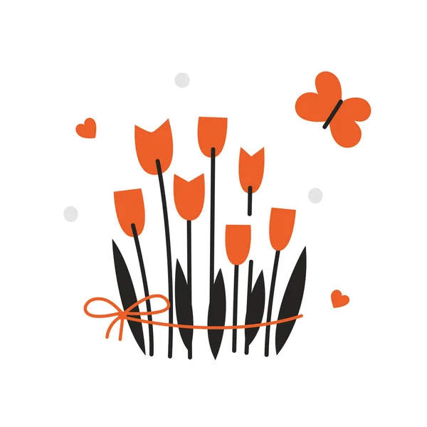 Tulipa flores clipart vetor. Isoladas ilustrações de tulipas corações borboleta. Estilo plano. Primavera design romântico. Dia internacional da mulher —  Vetores de Stock