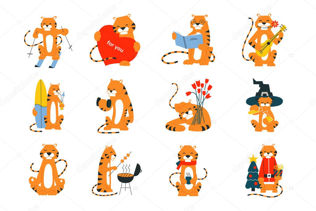 Cartoon tiger illustrations. Happy New Year 2022. Chinese horoscope. Merry Christmas. Vector set of isolated tigers. Clip art of cute smiling characters. Seasons sport love hobbies vacation holidays