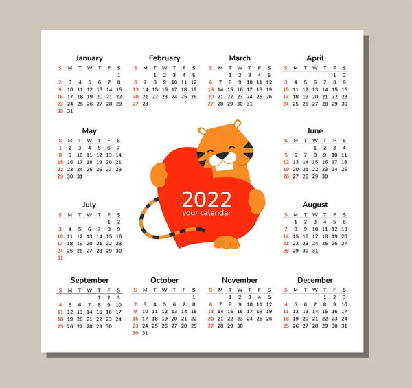 Mesa quadrada tabela parede calendário 2022. Feliz Ano Novo. Tigre. Horóscopo chinês. Ilustração de desenho animado vetorial isolado de tigre com coração vermelho. Amor e cuidado. Modelo de design romântico. Dia dos Namorados —  Vetores de Stock