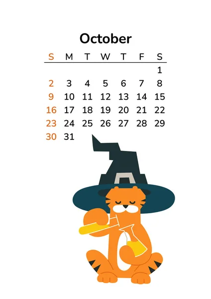 Verticale kalender 2022 met tijgers. Oktober pagina. A4 formaat pagina 's. Tijger in tekenfilmstijl. Chinese horoscoop. Vector isoleerde illustratie. Halloween feest vieren. Heksenhoed. Experiment scheikunde — Stockvector