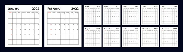 Takvim 2022. Planlayıcı düzenleyici vektör şablonu. Masa başı şirket takvimi. Hafta pazar günü başlıyor. Aylık sayfalar. Mutlu yıllar..
