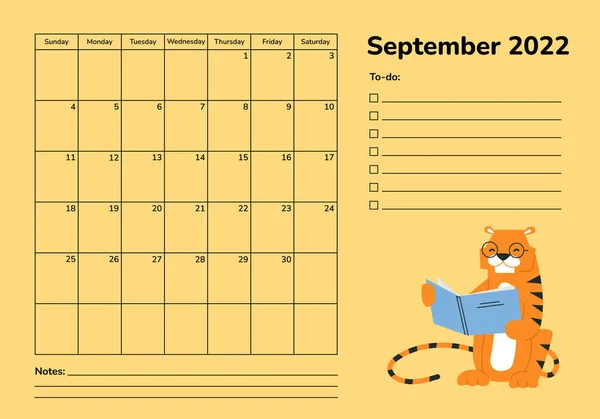 Planejador horizontal 2022 com tigre. Página de calendário de setembro. Modelo de vetor do programador do organizador. Mesa de parede calendário corporativo. A semana começa no domingo. A ler um livro. De volta à escola —  Vetores de Stock