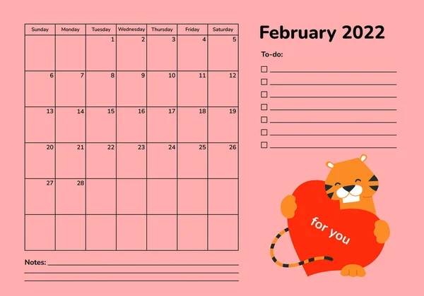 Horizontal planner 2022 with tiger. February calendar page. Organizer scheduler vector template. Wall desk table corporate calendar. Week starts on Sunday. Red heart. Romantic design. Love and care — Stock Vector