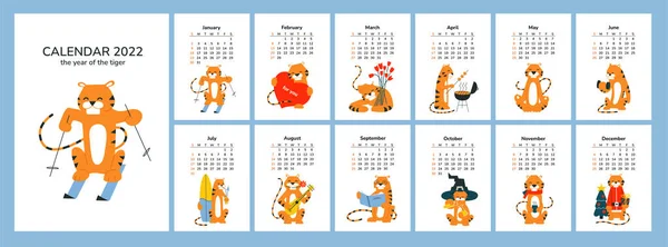 Pionowy kalendarz 2022 z tygrysem. Chiński horoskop. Szczęśliwego Nowego Roku 2022. Zestaw 12 miesięcznych stron i pokrywa się odosobnionymi ilustracjami wektorowymi uśmiechniętych tygrysów kreskówkowych. Tydzień zaczyna się w niedzielę. — Wektor stockowy