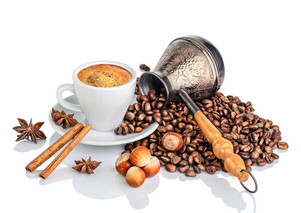 Cup and pot of coffee and coffee beans, isolated on white