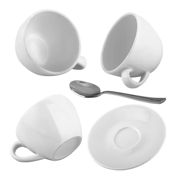 Set di tazze di caffè con un cucchiaio d'argento su un backgrou isolato — Foto Stock