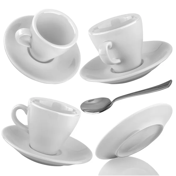 Conjunto de xícaras de café com uma colher de prata em um backgrou isolado Imagens Royalty-Free