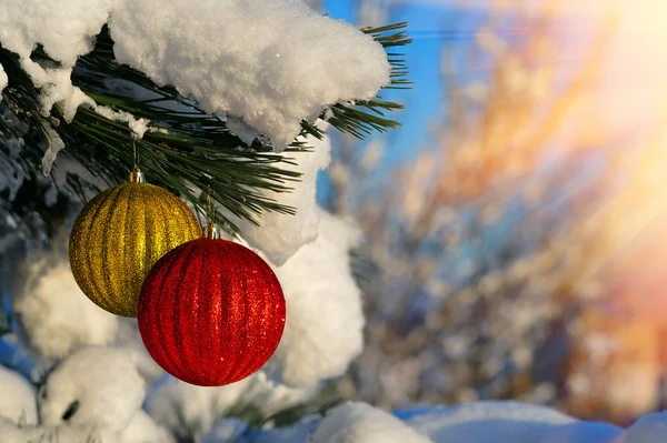 Piękne bombki na gałęzie jodły pokryte śniegiem. Chr — Zdjęcie stockowe