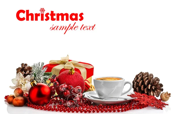 Cup of espresso coffee and Christmas decoration — Stock Photo, Image