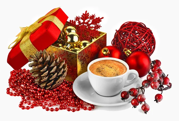 Cup of espresso coffee and Christmas decoration — Stock Photo, Image