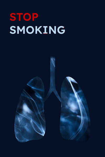 Smoker lungs, full of smoke. Vertical image with dark blue background and text Stop Smoking. Concepts of World No Tobacco Day, quitting smoking and health.