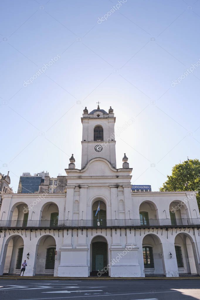 Buenos Aires, Argentina; Jan 24, 2021: facade of the Cabildo building, present site of the National Historical Museum of the Cabildo and the May Revolution, declared a national historic monument.