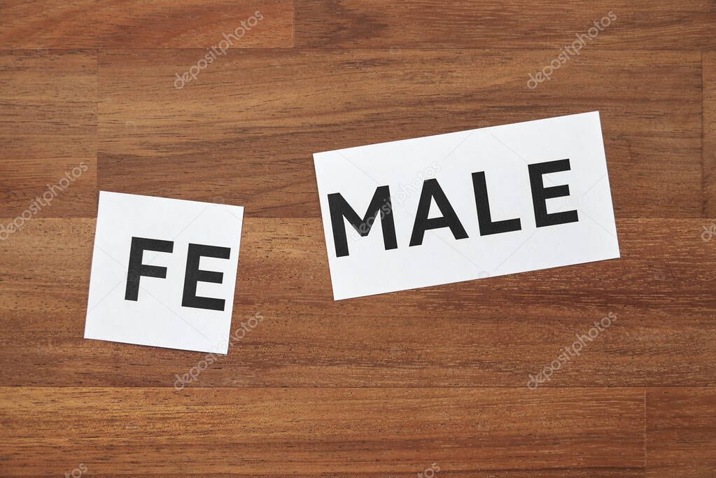 Female word printed on a piece of paper, divided. Conceptual image with no people about gender identity and transgender. Wooden background.