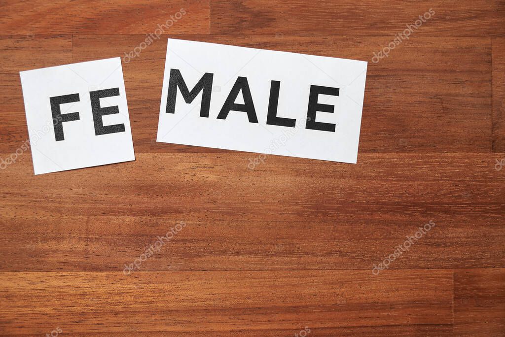 Female word printed on a piece of paper, divided. Conceptual image with no people about gender identity and transgender. Copy space and wooden background.