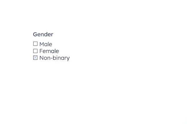 用于选择性别 包括非二进制选项 的表单将被检查 包容和不歧视的概念 没有人和复制空间的图像 — 图库照片