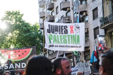 Buenos Aires, Argentina; October 7, 2025: massive protest in support of Palestine against the Israeli Zionist genocide in Gaza. Banner: Jews for Palestine. Not in our name!