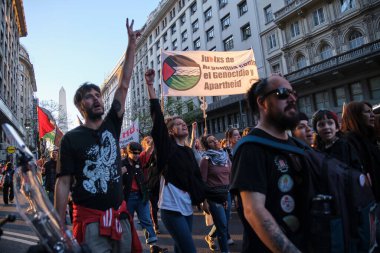 Buenos Aires, Argentina; October 7, 2025: massive protest in support of Palestine against the Israeli Zionist genocide in Gaza. Banner: Argentine Jews against genocide and apartheid.