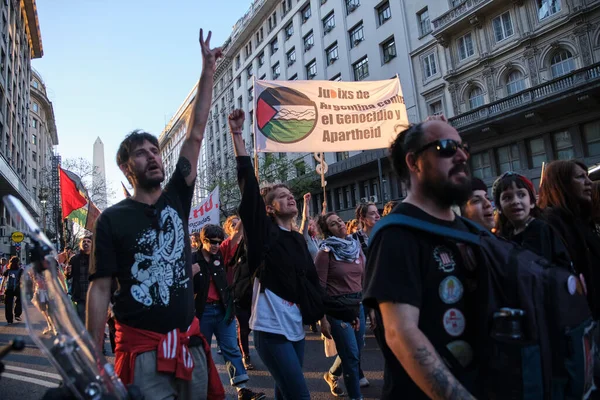 Buenos Aires, Argentina; October 7, 2025: massive protest in support of Palestine against the Israeli Zionist genocide in Gaza. Banner: Argentine Jews against genocide and apartheid.