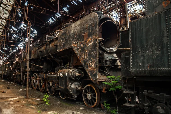 Viejos trenes en el depósito de trenes abandonado — Foto de Stock
