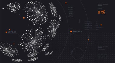 Büyük veri görselleştirmesi. Bulut hesaplama konsepti. Yaratıcı teknoloji geçmişi. Bilgi kümesi.