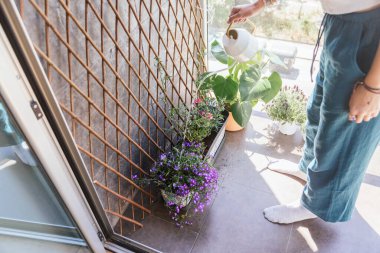 Balkonunda çiçek sulayan bir kadın.