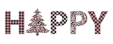 Plaid Christmas happy tree winter leopard tree vector holiday card  clipart
