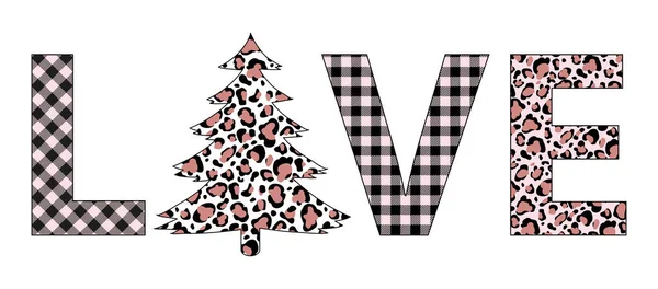 Plaid Christmas Love Tree Invierno Leopardo Árbol Vector Tarjeta Vacaciones — Vector de stock