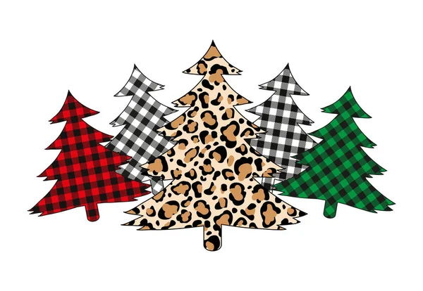 Plaid Weihnachtsbaum Winter Wald Leopardenbaum Vektor Set Feiertagskarte — Stockvektor