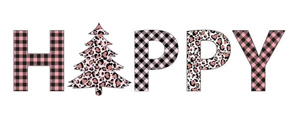 Plaid Christmas Happy Tree Winter Leopard Tree Vector Holiday Card — Stock Vector