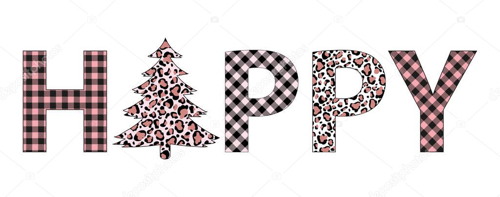 Plaid Christmas happy tree winter leopard tree vector holiday card 