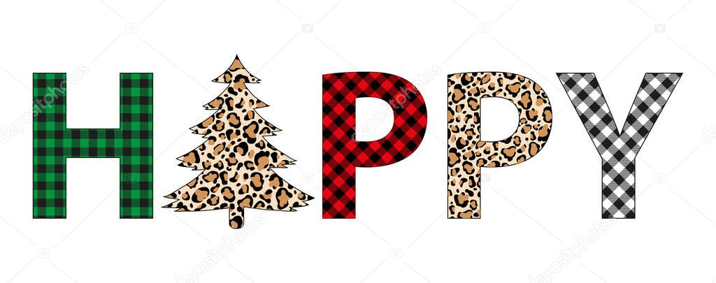 Plaid Christmas happy tree winter leopard tree vector holiday card
