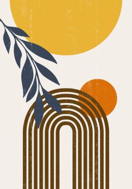Soyut güneş ayı iz bırakır boho minimalist basılabilir duvar sanatı geometrik soyut gün batımı baskı bohem sanat eserleri, vektör