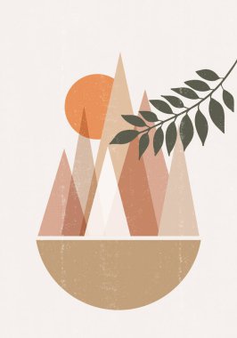 Soyut güneş ayı geometrik dağ yaprağı baskısı boho minimalist basılabilir duvar sanatı geometrik soyut gün batımı baskı bohem sanat, vektör