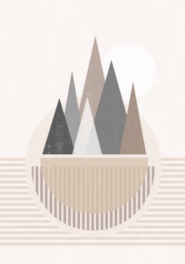 Soyut güneş ayı geometrik dağ baskısı boho minimalist basılabilir duvar sanatı geometrik gün batımı baskısı bohem sanat eseri, vektör