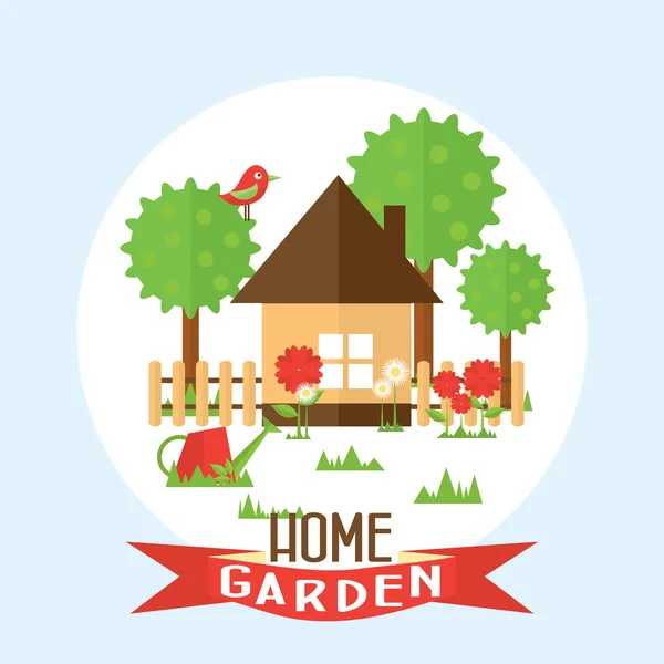 Ilustración vectorial de jardín en estilo plano. Jardín alrededor de la hous — Vector de stock