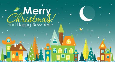 Şablon Noel tebrik kartı ile bir ağaç ve ev, vektör