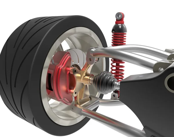 Передняя ось с подвеской и спортивными газопоглотителями, изолированными на белом — стоковое фото