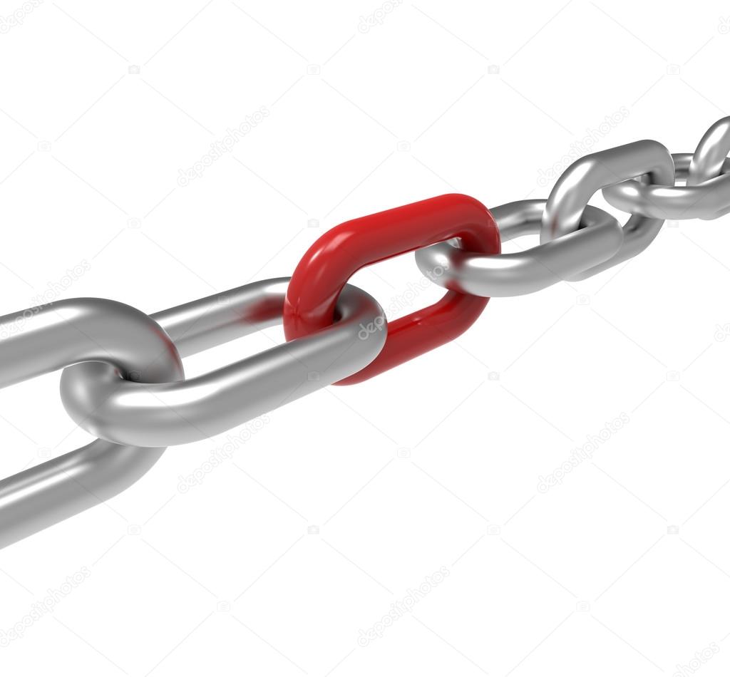 Chrome chain with a red link on white background