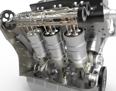V8 turbo araba motoru beyaz arka plan üzerinde. Yüksek çözünürlükte 3d