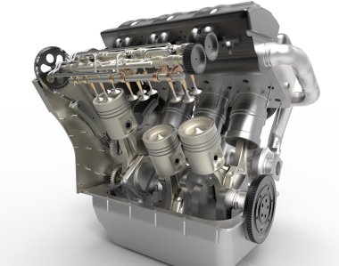 V8 turbo araba motoru beyaz arka plan üzerinde. Yüksek çözünürlükte 3d